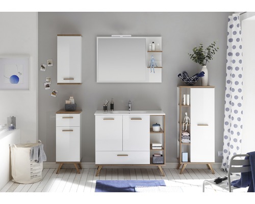 Set modern de baie cu dulap inferior pentru lavoar, dulap cu oglindă, dulap înalt și dulap lateral pentru un ambient stilat