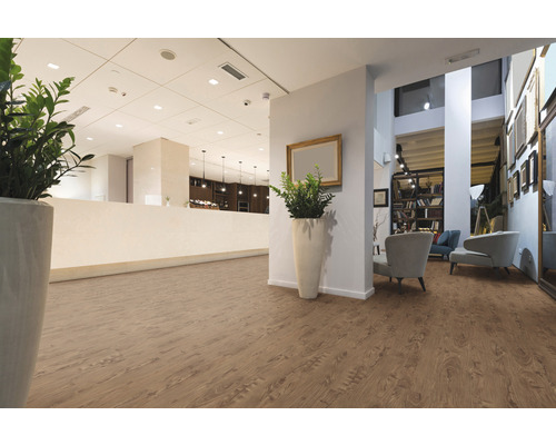Interior cu pardoseală aspect lemn, plante și mobilier de ședere