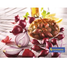 Ceapă roșie și șalote într-o plasă și tăiate pe o masă cu sigla Kiepenkerl