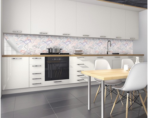 Protecție perete bucătărie cu motiv de ștampilă de pașaport în bucătărie modernă