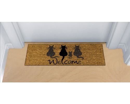 Covoraș de intrare din fibră de cocos cu motiv pisici și mesaj de bun venit