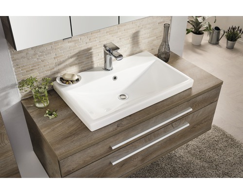 Dulap de bază pentru lavoar cu lavoar aplicat, baterie și două sertare în baie modernă