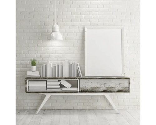 Interior decorativ cu consolă, cărți, plantă de apartament, lampă și ramă foto în fața unui perete de cărămidă
