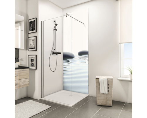 Panou baie Decodesign, 900x2100 mm, decor pietre ZEN și apă Cabină de duș cu cadă, armătură de duș și perete de duș cu motiv de piatră în baie