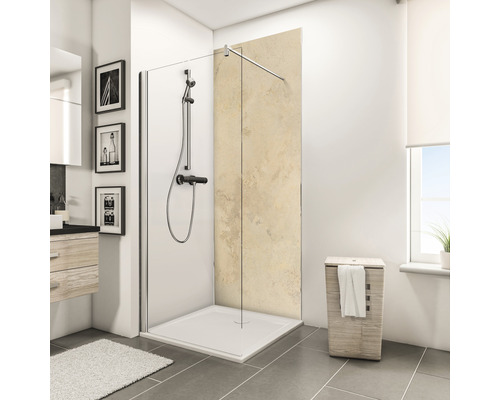 Panou baie Decodesign, 1000x2550 mm, decor calcar, deschis Baie luminoasă cu duș la nivelul podelei, armătură de duș și prosop