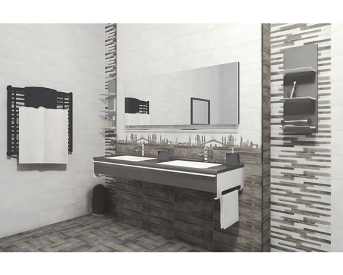 Baie modernă cu chiuvetă dublă, oglindă și radiator