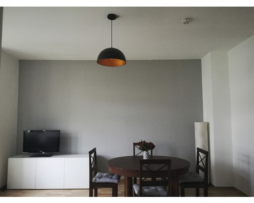 Cameră de zi cu masă și lampă suspendată