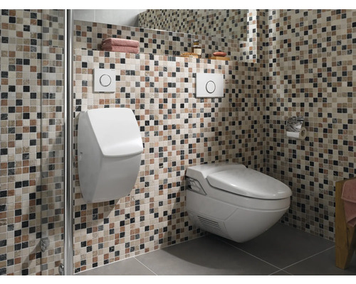 Baie cu urinal, toaletă și plăci de mozaic pătrate