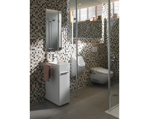 Baie modernă cu gresie mozaic, lavoar, dulap cu oglindă și cabină de duș