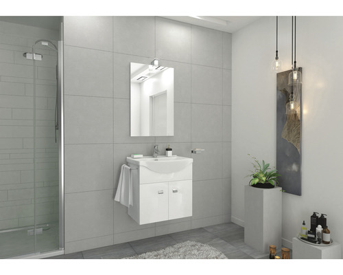 Baie modernă cu chiuvetă, oglindă, duș și elemente decorative.