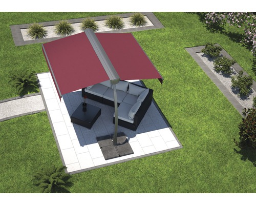 Scenă cu umbrelă cantilever, mobilier de terasă și amenajare a grădinii