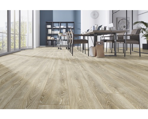 Birou luminos cu podea din lemn, masă și scaune.