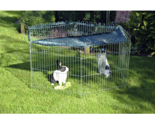 Țarc exterior cu acoperiș și doi iepuri în grădină