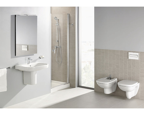 Baie cu chiuvetă, dulap cu oglindă, duș, bideu și toaletă