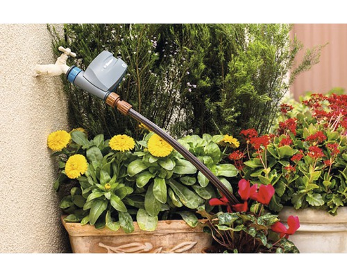 Sistem de irigare pentru grădină cu temporizator și flori în ghivece