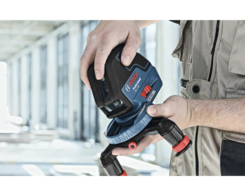 Logo Bosch. Mână ține un laser cu linii.