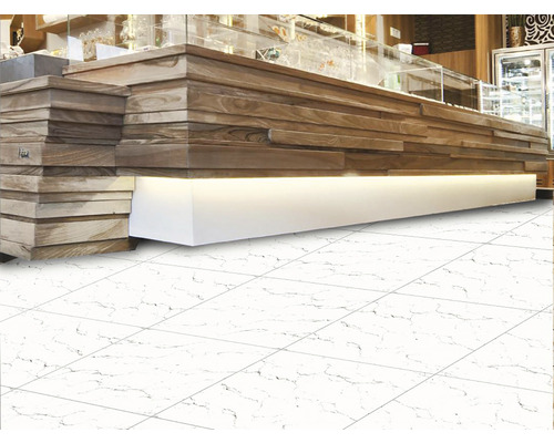 Interior cu gresie de podea cu aspect de marmură și tejghea de vânzare