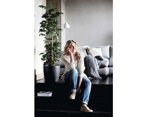 Femeie șezând pe scări cu plantă de apartament, telefon, revistă și canapea în fundal