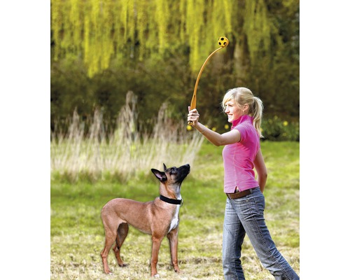 Femeie aruncă mingea cu un lansator de mingi pentru un câine