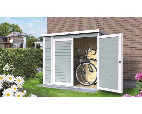 Magazie grădină Bertilo Multi-Box 3 multifuncțională 200x82x163 cm gri deschis Dulap de grădină cu uși deschise și bicicletă în interior pe gazon