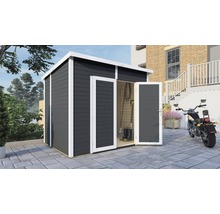 Cabină de grădină cu uși deschise pentru depozitarea uneltelor de grădinărit