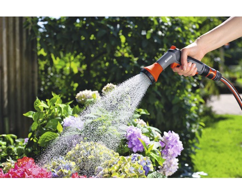 Irigarea grădinii cu un duș de mână pe un furtun de grădină