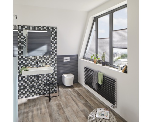 Baie luminoasă cu chiuvetă, toaletă, calorifer și fereastră