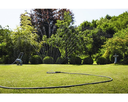 Irigarea grădinii cu aspersor de gazon și cărucior cu furtun