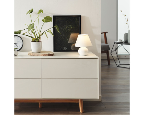 Comodă în sufragerie cu lampă de masă, plantă de apartament și tablou