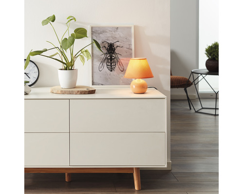 Comodă cu decorațiuni precum lampă de masă, plantă la ghiveci și tablou