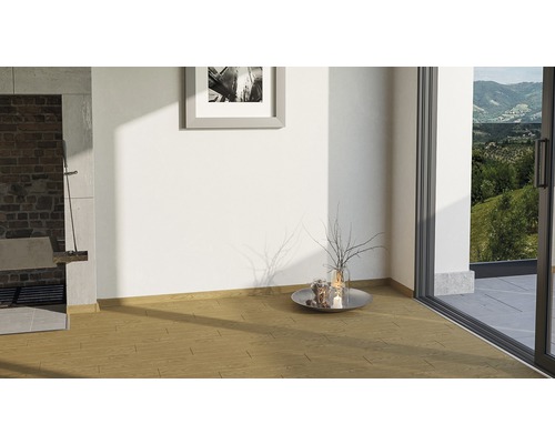 Cameră luminoasă cu podea din lemn, șemineu și fereastră spre grădină