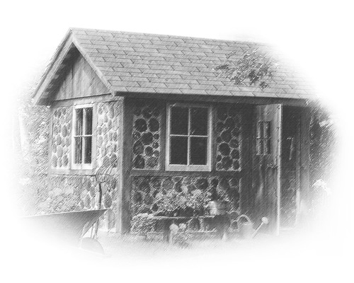 Cabină de grădină cu furnir de piatră și elemente din lemn