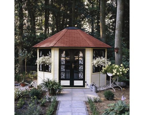 Foișor de grădină cu acoperiș din țiglă și ușă dublă în grădină