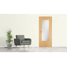 Interior cu ușă din lemn cu panou de sticlă, fotoliu și plantă de apartament