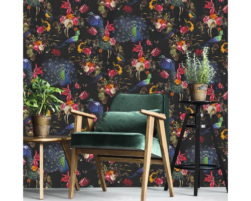 Tapetă decorativă florală cu motive de păsări în interior