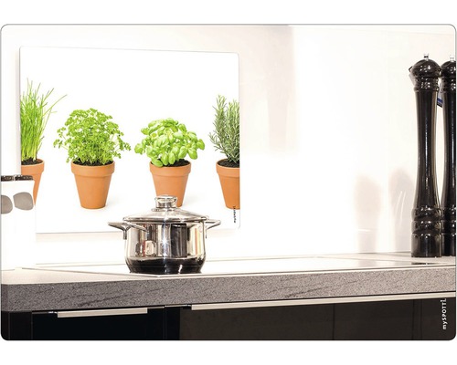 Scenă de bucătărie cu oală pe aragaz și imagine cu ierburi aromatice ca protecție împotriva stropilor