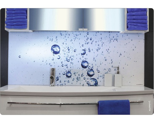 Mobilier de lavabo pentru baie cu lavoar, baterie, dozator de săpun și perete posterior cu model cu bule