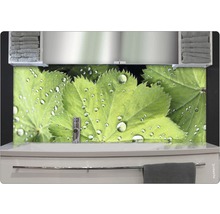 Baie cu chiuvetă, prosoape și panou de perete cu frunze și picături de apă