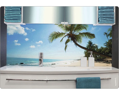 Chiuvetă de baie cu motiv de plajă și prosoape