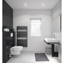 Baie modernă cu toaletă, chiuvetă, calorifer și oglindă