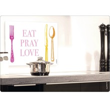 Panou decorativ pentru peretele din spate al bucătăriei cu inscripția Mănâncă Roagă-te Iubește și ilustrații cu tacâmuri