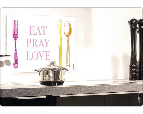 Panou decorativ pentru peretele din spate al bucătăriei cu inscripția Mănâncă Roagă-te Iubește și ilustrații cu tacâmuri