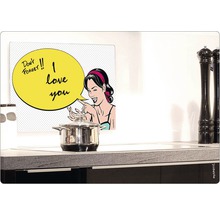 Scenă de bucătărie cu aragaz, oală și protecție împotriva stropilor cu motiv de benzi desenate