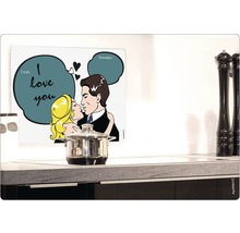 Protecție magnetică pentru perete cu motiv de benzi desenate deasupra unei cratițe pe aragaz