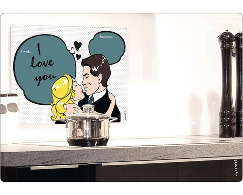 Protecție magnetică pentru perete cu motiv de benzi desenate deasupra unei cratițe pe aragaz