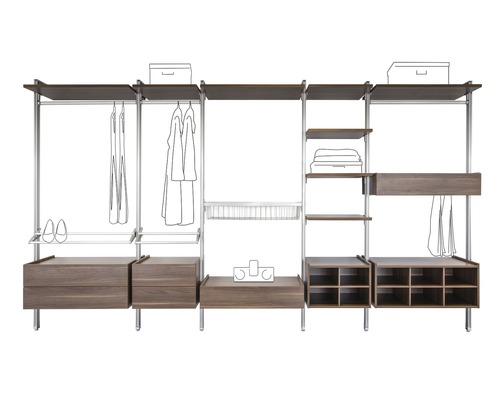 Sistem de dulap configurabil cu rafturi, sertare și bare pentru haine