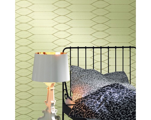 Tapet vlies 9430 Patent Decor 3D alb 10,05x0,53 m Dormitor cu pat, lampă și tapet cu model