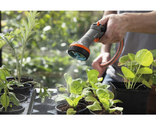 Udarea grădinii cu un pistol de stropit pentru răsaduri în ghivece.