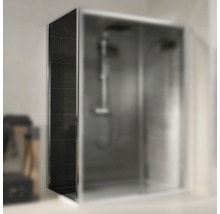 Cabină de duș pe colț cu ușă glisantă și perete lateral din sticlă