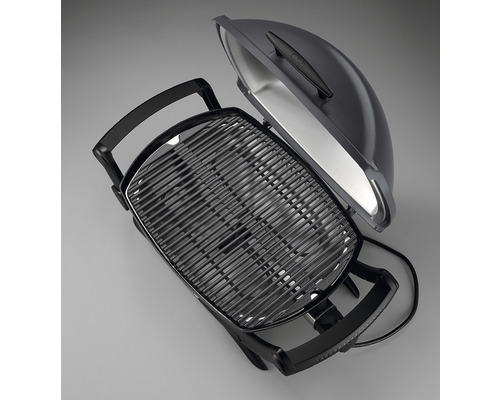 Grătar electric cu capac deschis și grătar de gătit.